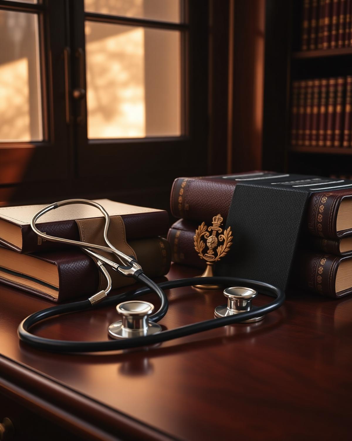 Medical instruments and leather-bound textbooks on a walnut desk